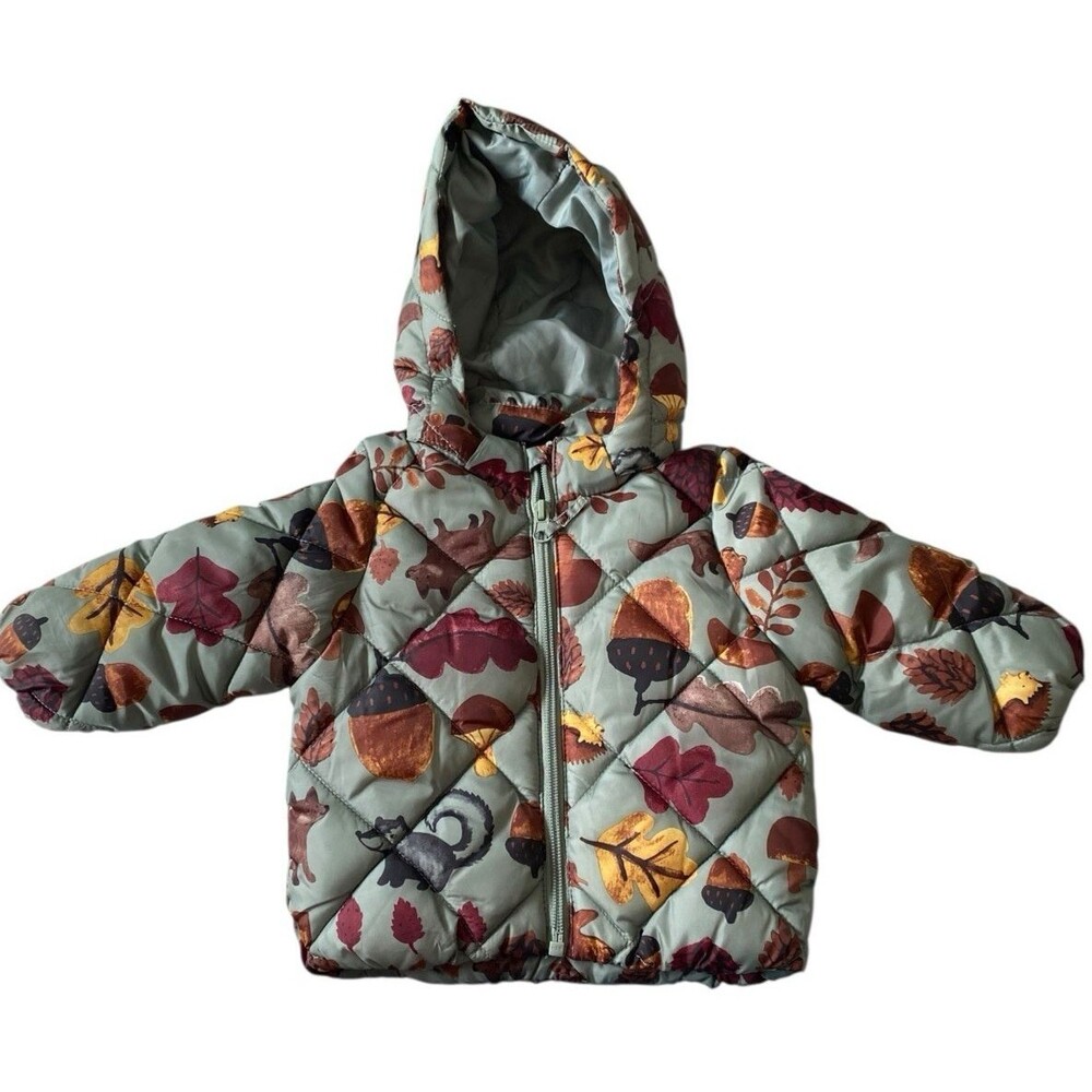 H&M Baby Puffer Jacket 4–6 Months Hooded Quilted Woodland Print NWT